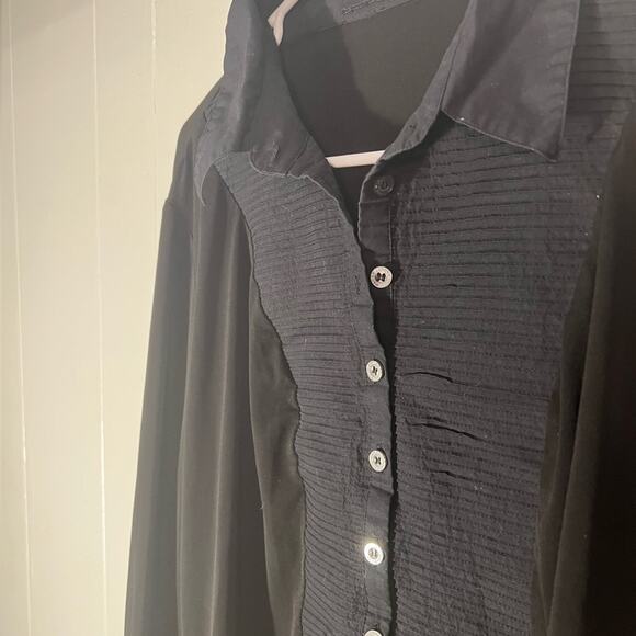 Karl lagerfeld paris black ruffled button down stretch shirt sz L - Picture 3 of 9